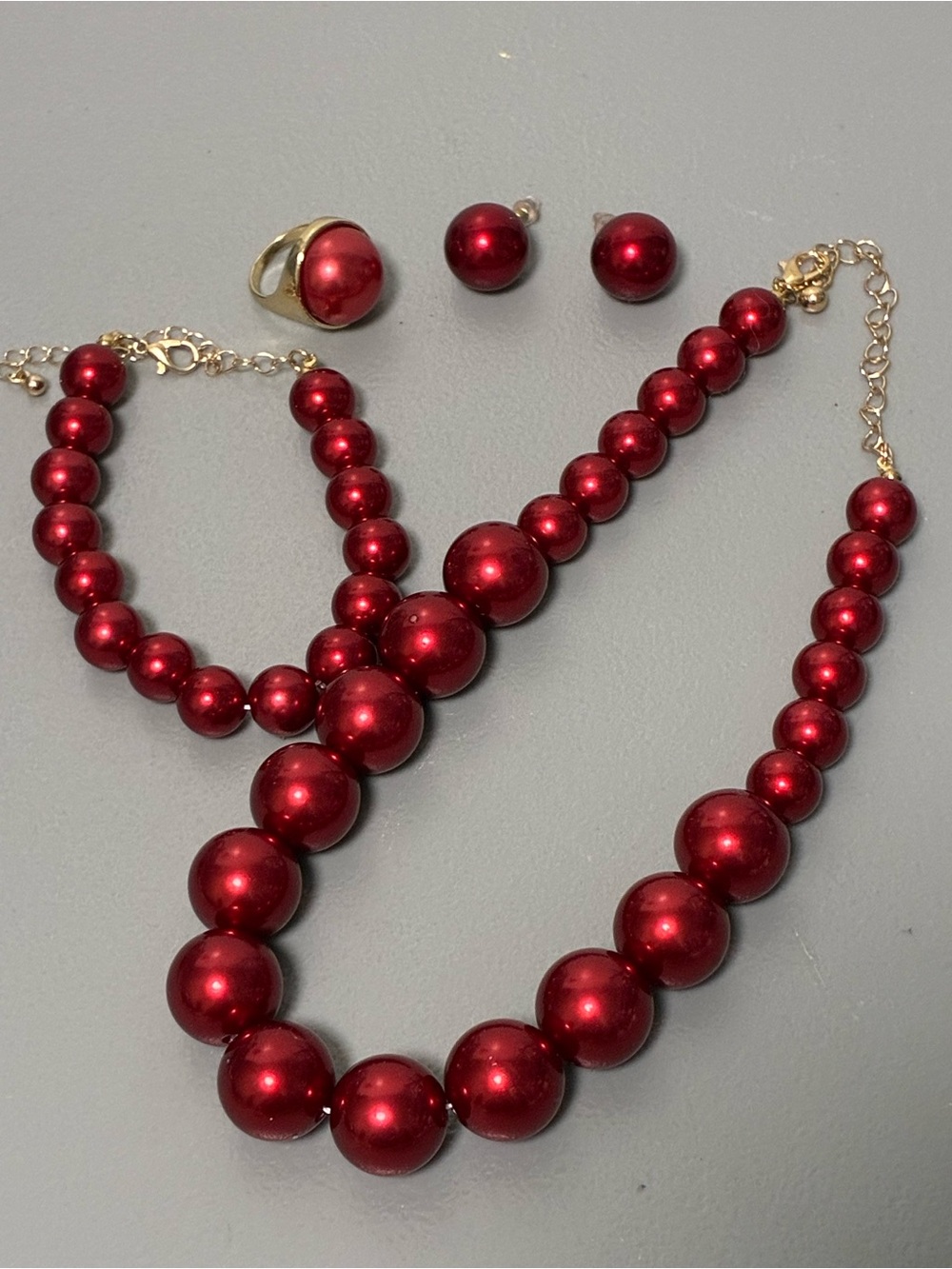 Red Pearl-Style Necklace, Bracelet & Earring and Ring Set - Women's Jewelry